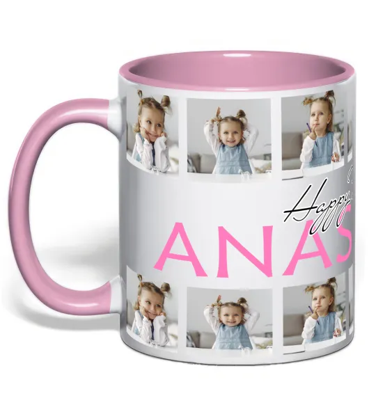 Чашка з кольоровою ручкою Happy Birthday іменний з фото Ніжно рожевий фото