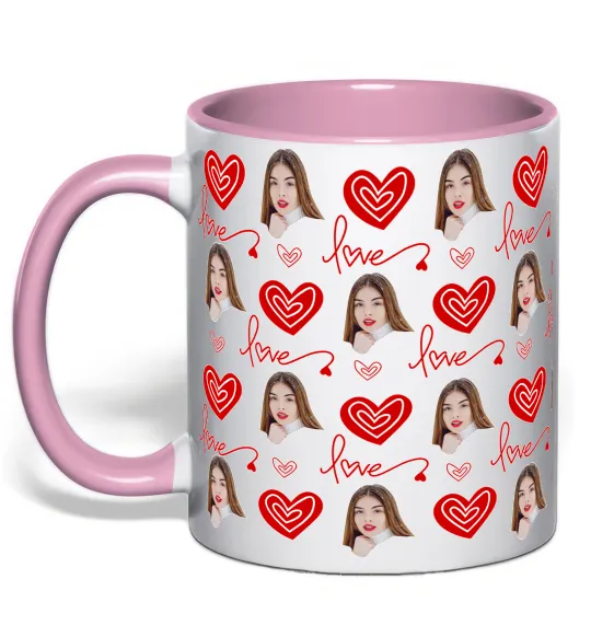 Чашка з кольоровою ручкою Фото з сердечками Ніжно рожевий фото