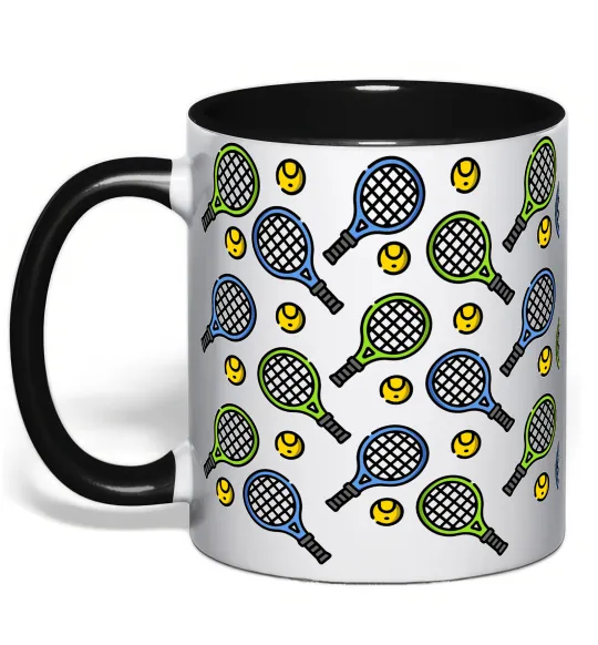 Чашка з кольоровою ручкою Тенісні ракетки та м'ячі Чорний фото