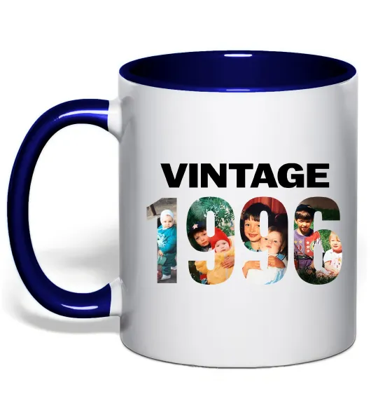 Чашка з кольоровою ручкою Vintage фото з датою Глибокий темно-синій фото