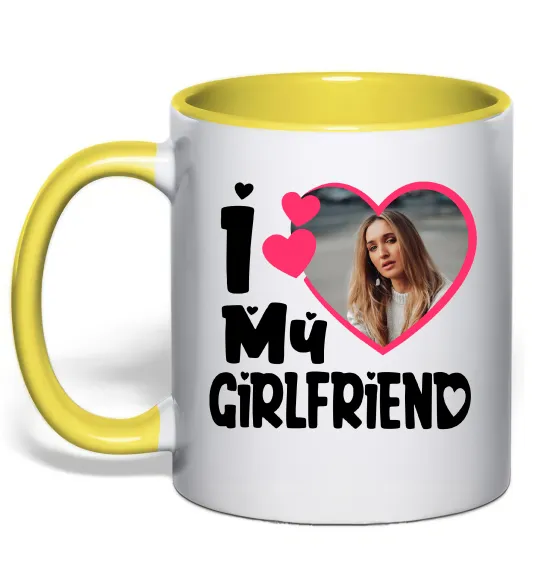 Чашка з кольоровою ручкою I love my girlfriend photo Лимонний фото