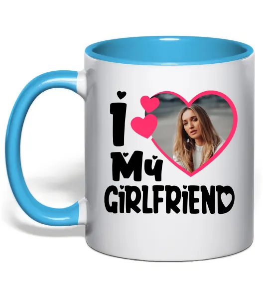 Чашка з кольоровою ручкою I love my girlfriend photo Блакитний фото