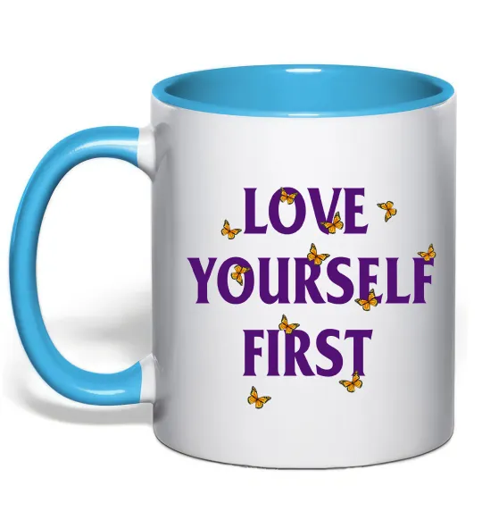 Чашка з кольоровою ручкою Love yourself first Блакитний фото