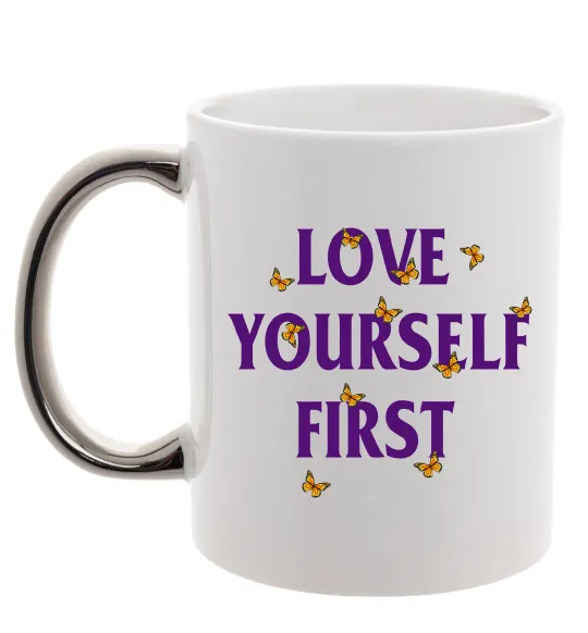 Чашка з кольоровою ручкою Love yourself first Срібло фото