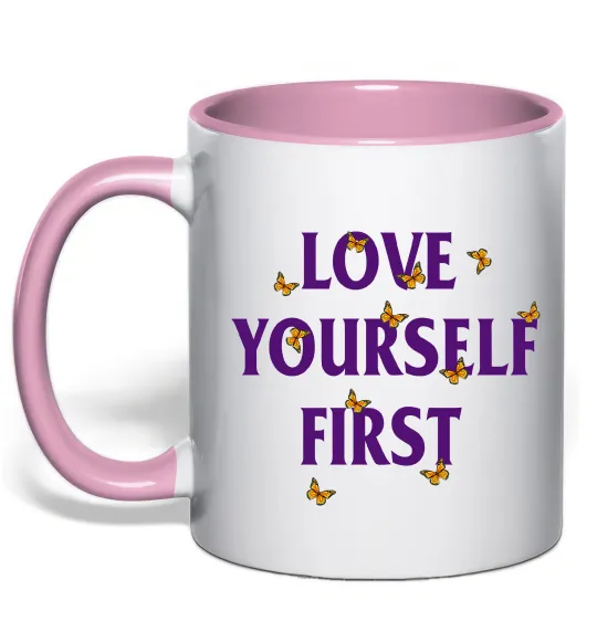 Чашка з кольоровою ручкою Love yourself first Ніжно рожевий фото