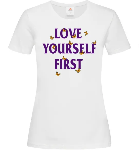 Жіноча футболка Love yourself first Білий фото