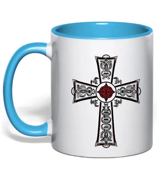 Чашка з кольоровою ручкою Готичний хрест з орнаментом Блакитний фото