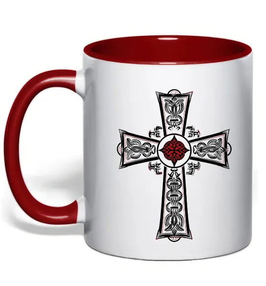 Чашка з кольоровою ручкою Готичний хрест з орнаментом Червоний фото