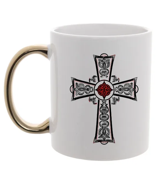Чашка з кольоровою ручкою Готичний хрест з орнаментом Золото фото