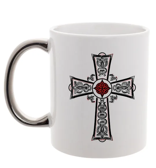 Чашка з кольоровою ручкою Готичний хрест з орнаментом Срібло фото