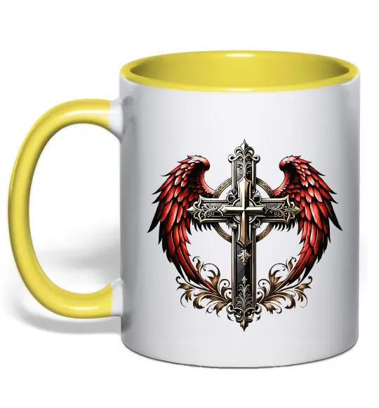 Чашка с цветной ручкой Хрест з крилами Лимонный фото