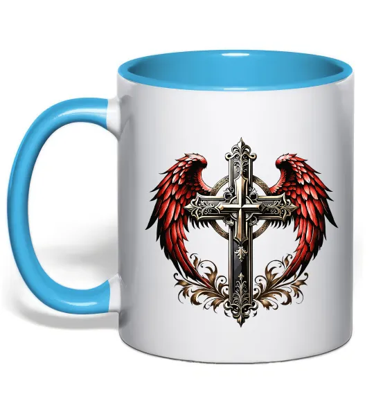 Чашка с цветной ручкой Хрест з крилами Голубой фото