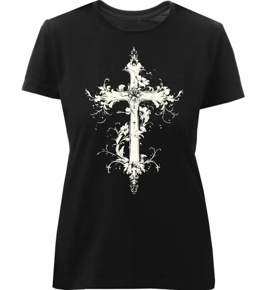 Женская премиум футболка Квітучий Хрест Черный фото