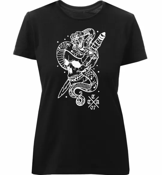 Жіноча преміум футболка Череп зі змією Чорний фото