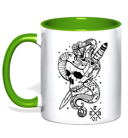Чашка з кольоровою ручкою Череп зі змією Лаймовий фото