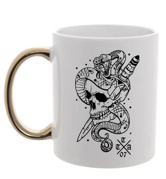Чашка з кольоровою ручкою Череп зі змією Золото фото