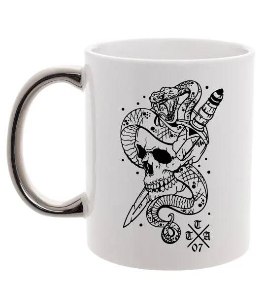 Чашка з кольоровою ручкою Череп зі змією Срібло фото
