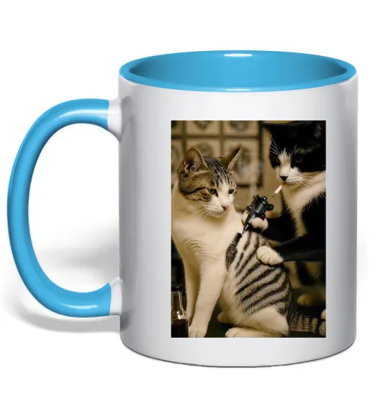 Чашка з кольоровою ручкою Коти з тату Блакитний фото