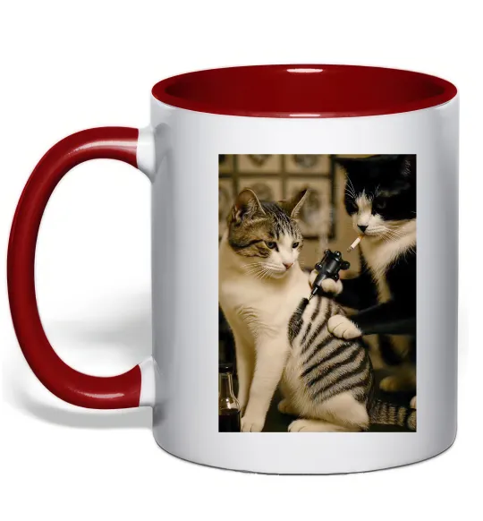 Чашка з кольоровою ручкою Коти з тату Червоний фото