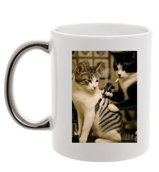 Чашка з кольоровою ручкою Коти з тату Срібло фото