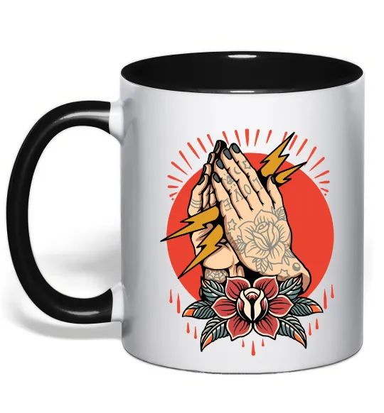 Чашка з кольоровою ручкою Tattoed hands Чорний фото