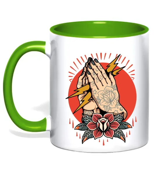 Чашка з кольоровою ручкою Tattoed hands Лаймовий фото