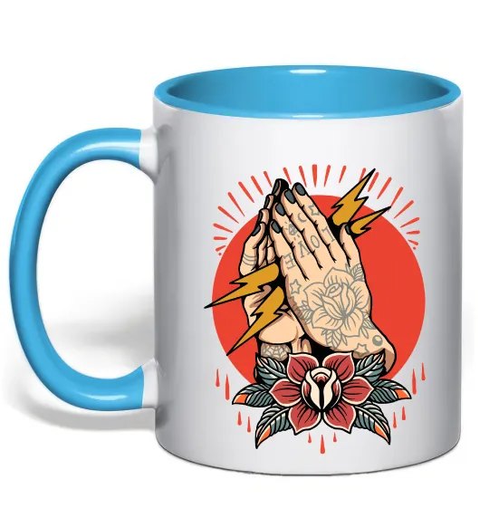Чашка з кольоровою ручкою Tattoed hands Блакитний фото