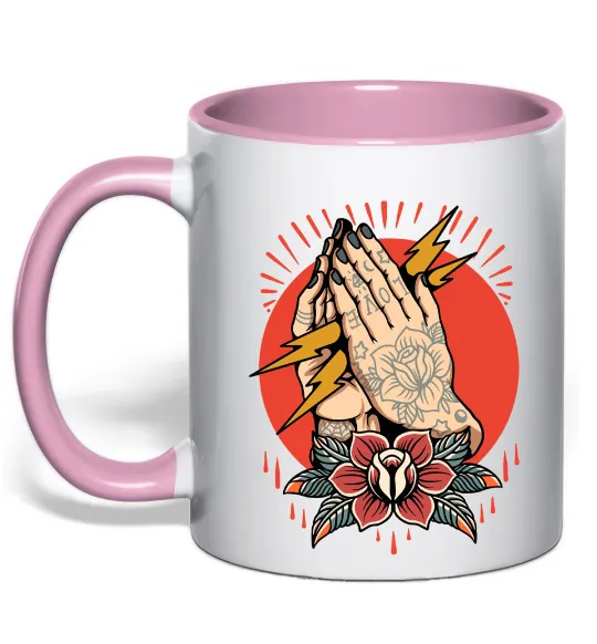 Чашка з кольоровою ручкою Tattoed hands Ніжно рожевий фото
