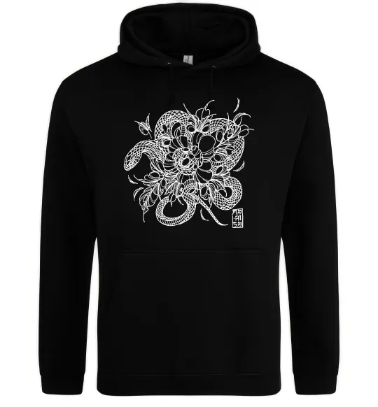 Чоловіча толстовка (худі) Змія в квітах Чорний фото