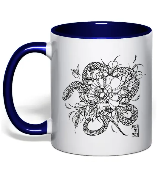 Чашка з кольоровою ручкою Змія в квітах Глибокий темно-синій фото