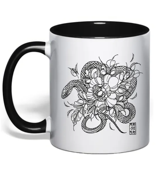 Чашка з кольоровою ручкою Змія в квітах Чорний фото