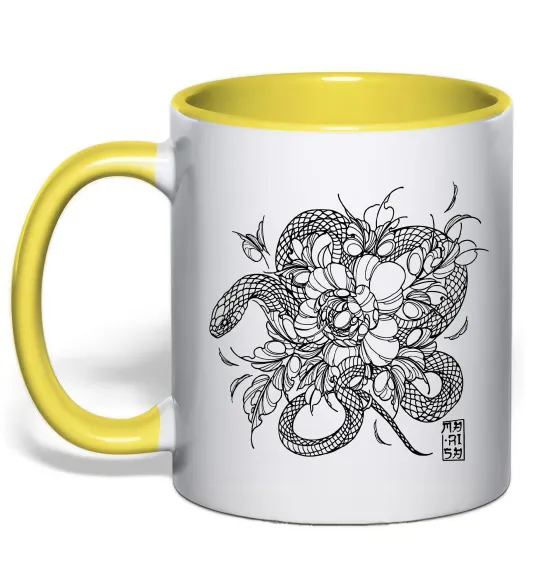 Чашка з кольоровою ручкою Змія в квітах Лимонний фото