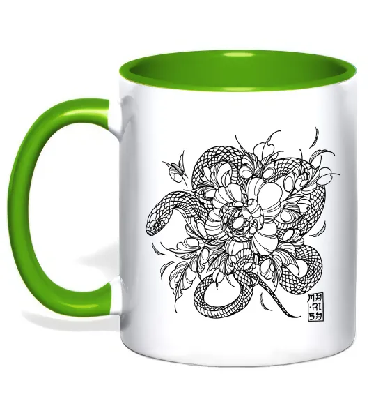 Чашка з кольоровою ручкою Змія в квітах Лаймовий фото