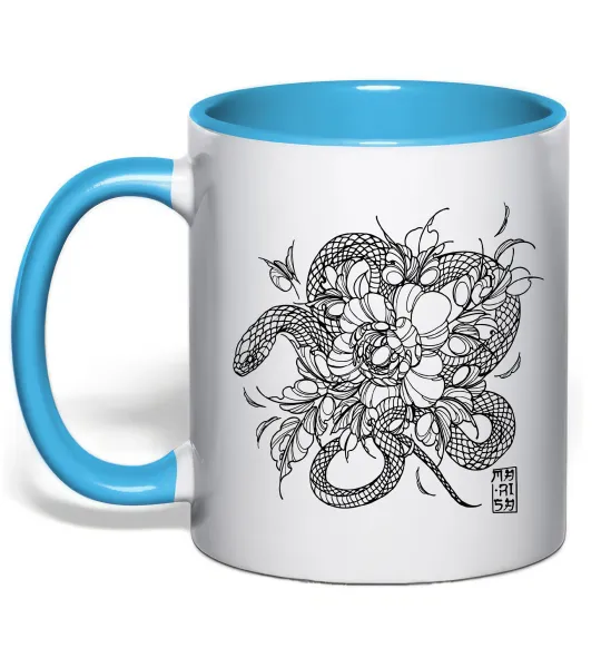 Чашка з кольоровою ручкою Змія в квітах Блакитний фото