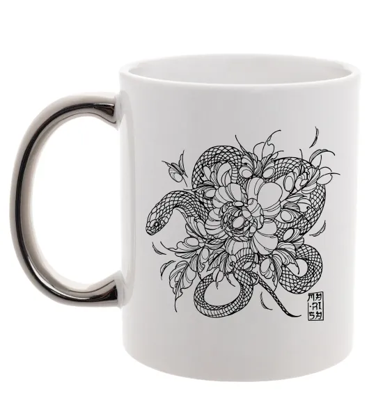 Чашка з кольоровою ручкою Змія в квітах Срібло фото