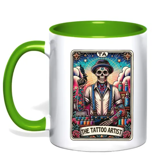 Чашка з кольоровою ручкою Tattoo artist skull Лаймовий фото