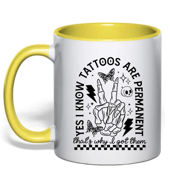 Чашка з кольоровою ручкою Tattoos are permanent Лимонний фото