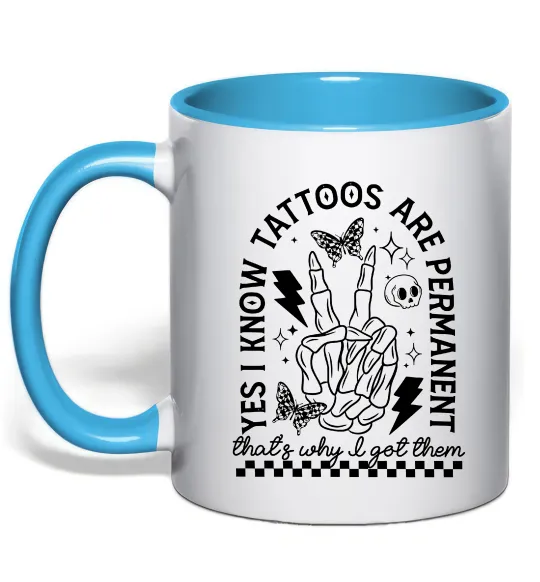 Чашка з кольоровою ручкою Tattoos are permanent Блакитний фото