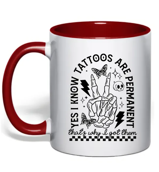Чашка з кольоровою ручкою Tattoos are permanent Червоний фото