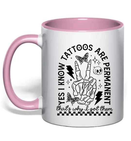 Чашка з кольоровою ручкою Tattoos are permanent Ніжно рожевий фото