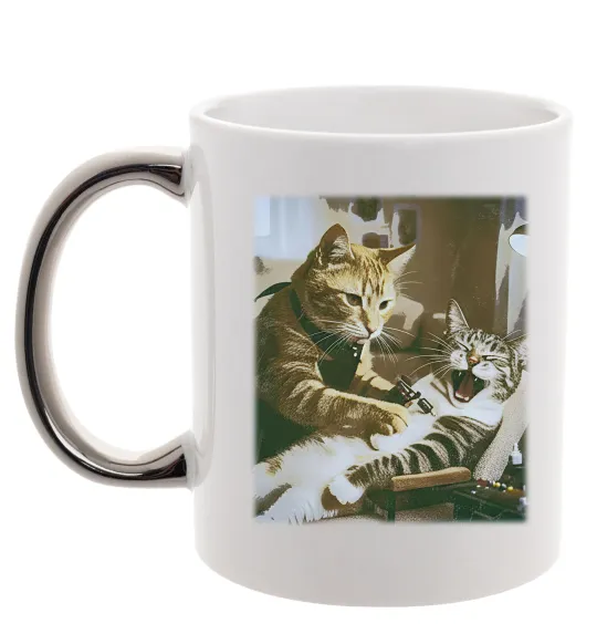 Чашка з кольоровою ручкою Tattoo cat Срібло фото