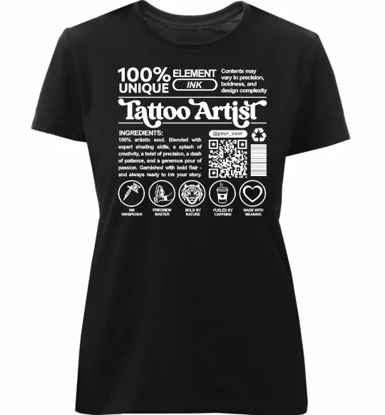 Жіноча преміум футболка Tattoo artist з вашим нікнеймом та QR-кодом Чорний фото