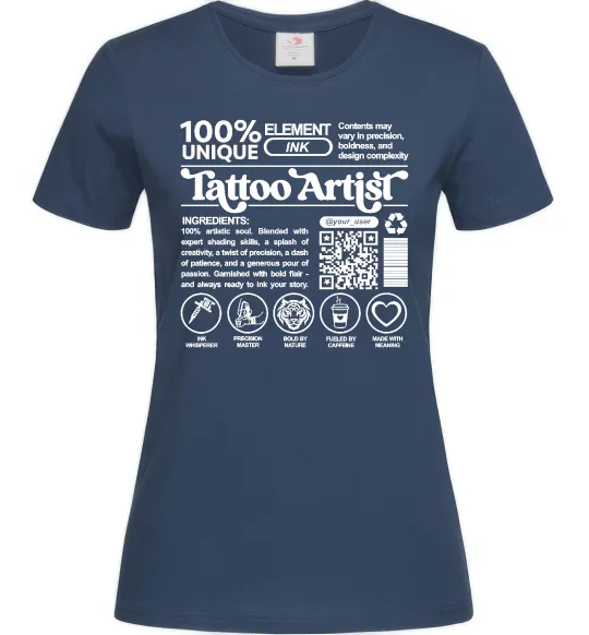 Жіноча футболка Tattoo artist з вашим нікнеймом та QR-кодом Темно-синій фото