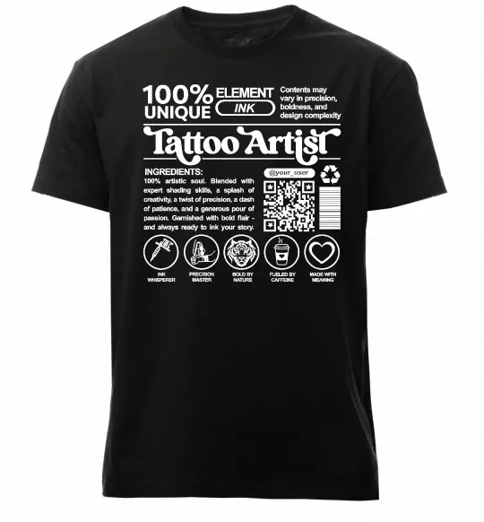 Чоловіча преміум футболка Tattoo artist з вашим нікнеймом та QR-кодом Чорний фото