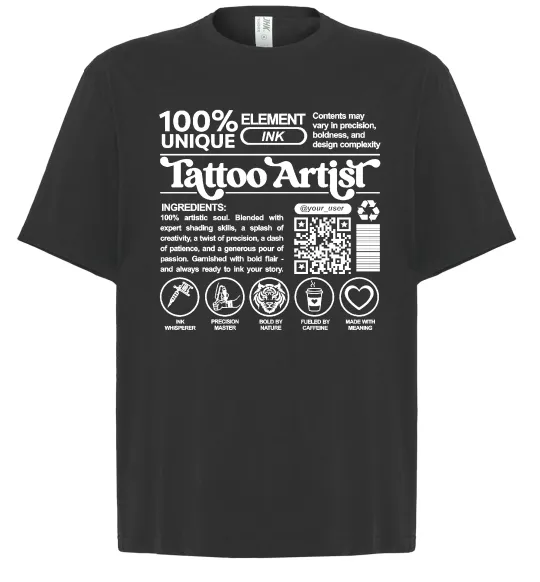 Футболка Оверсайз Tattoo artist з вашим нікнеймом та QR-кодом Чорний фото
