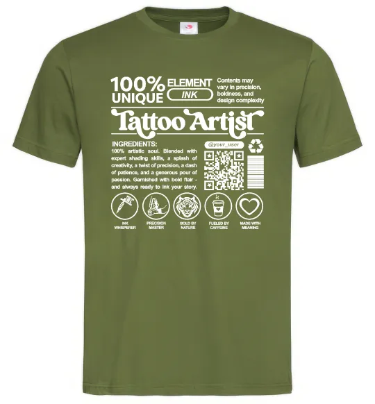 Чоловіча футболка Tattoo artist з вашим нікнеймом та QR-кодом Оливковий фото