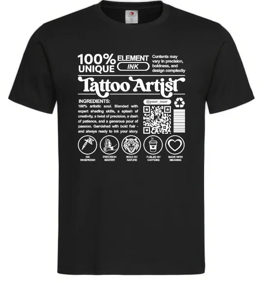 Чоловіча футболка Tattoo artist з вашим нікнеймом та QR-кодом Чорний фото