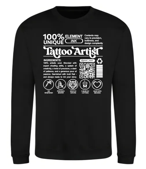 Світшот Tattoo artist з вашим нікнеймом та QR-кодом Чорний фото