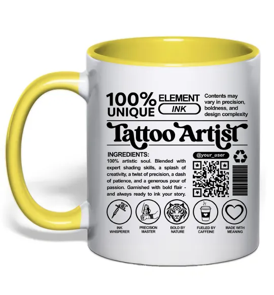 Чашка с цветной ручкой Tattoo artist з вашим нікнеймом та QR-кодом Лимонный фото