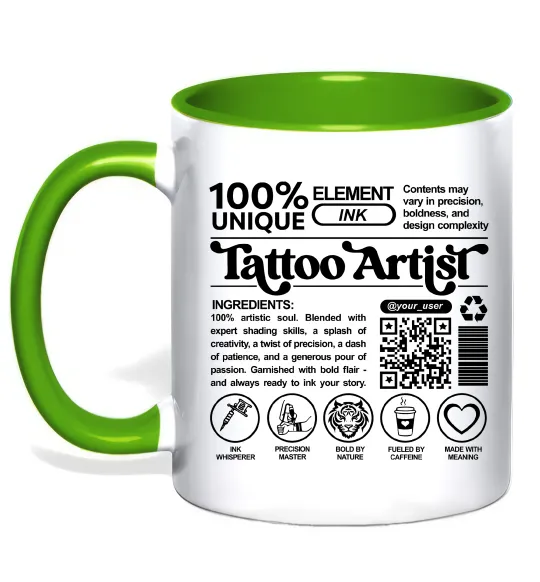 Чашка с цветной ручкой Tattoo artist з вашим нікнеймом та QR-кодом Лаймовый фото